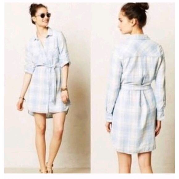 Cloth & Stone Anthropologie Blue Plaid Shirt Dress with Belt Size S - Picture 3 of 13